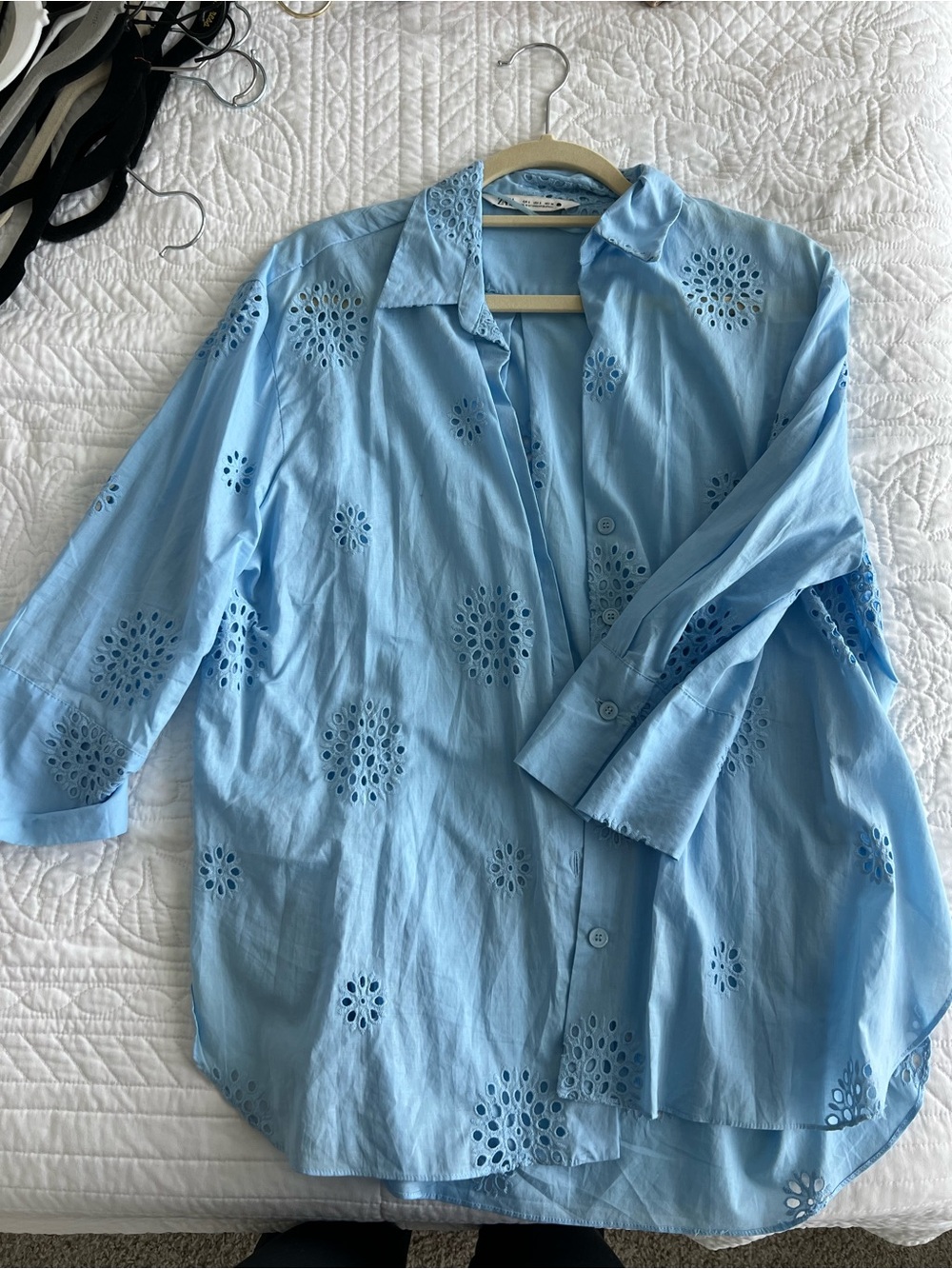 Zara Sky Blue Eyelet-Cut Button Shirt